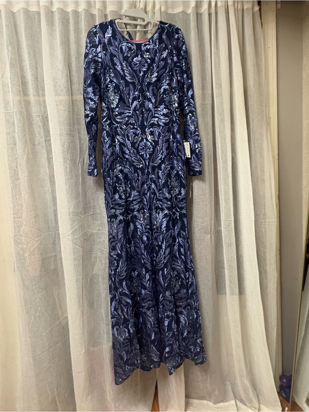 Xscape Navy Embellished Long Sleeve Evening Gown